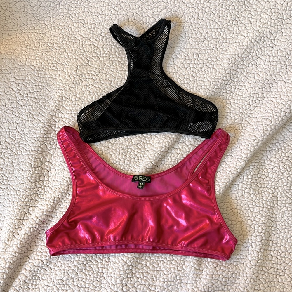 Club EXX rave top iridescent hot pink and black mesh M